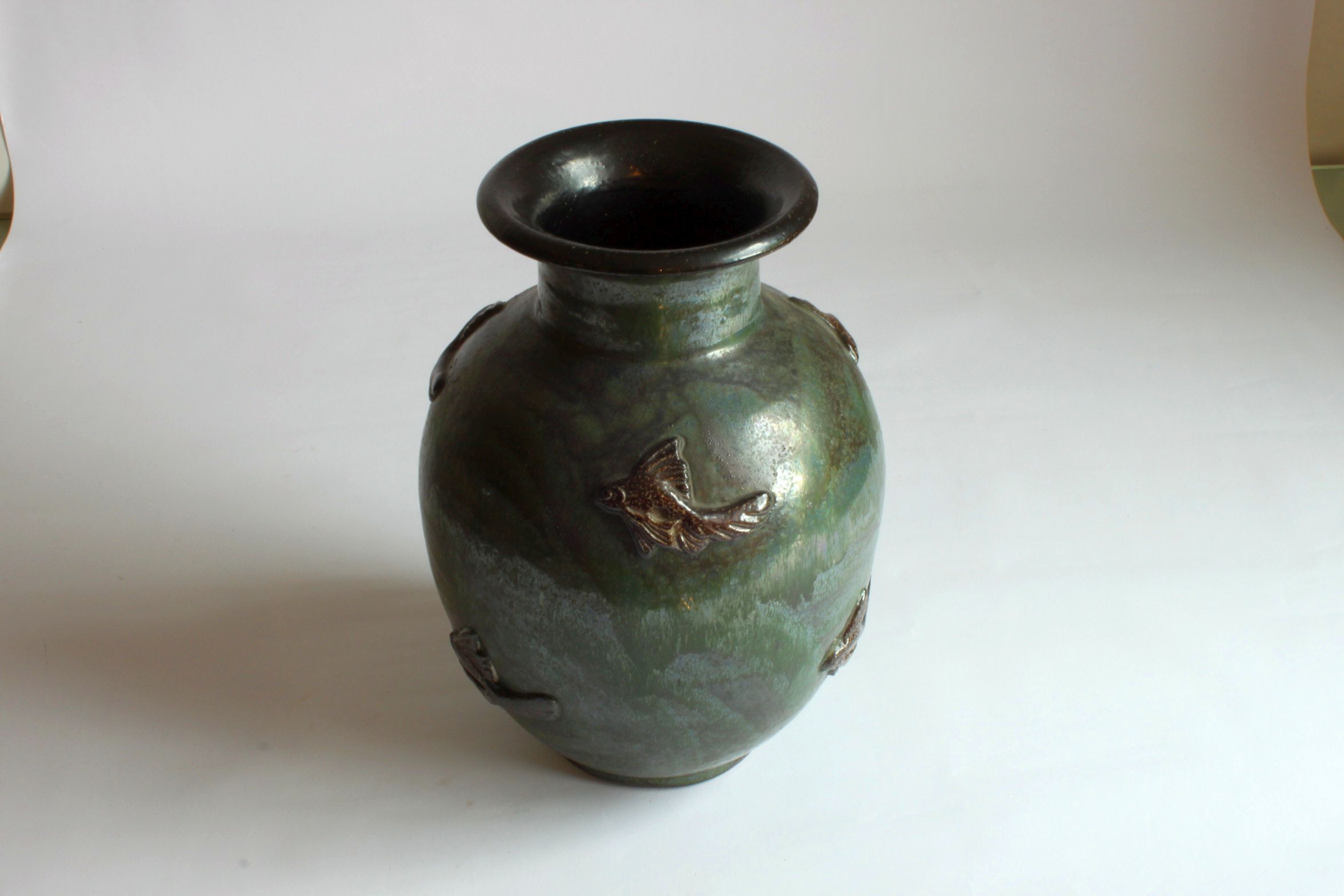 Art Deco Stoneware Vase with Fish Reliëf by Roger Guerin, Belgium, 1920s