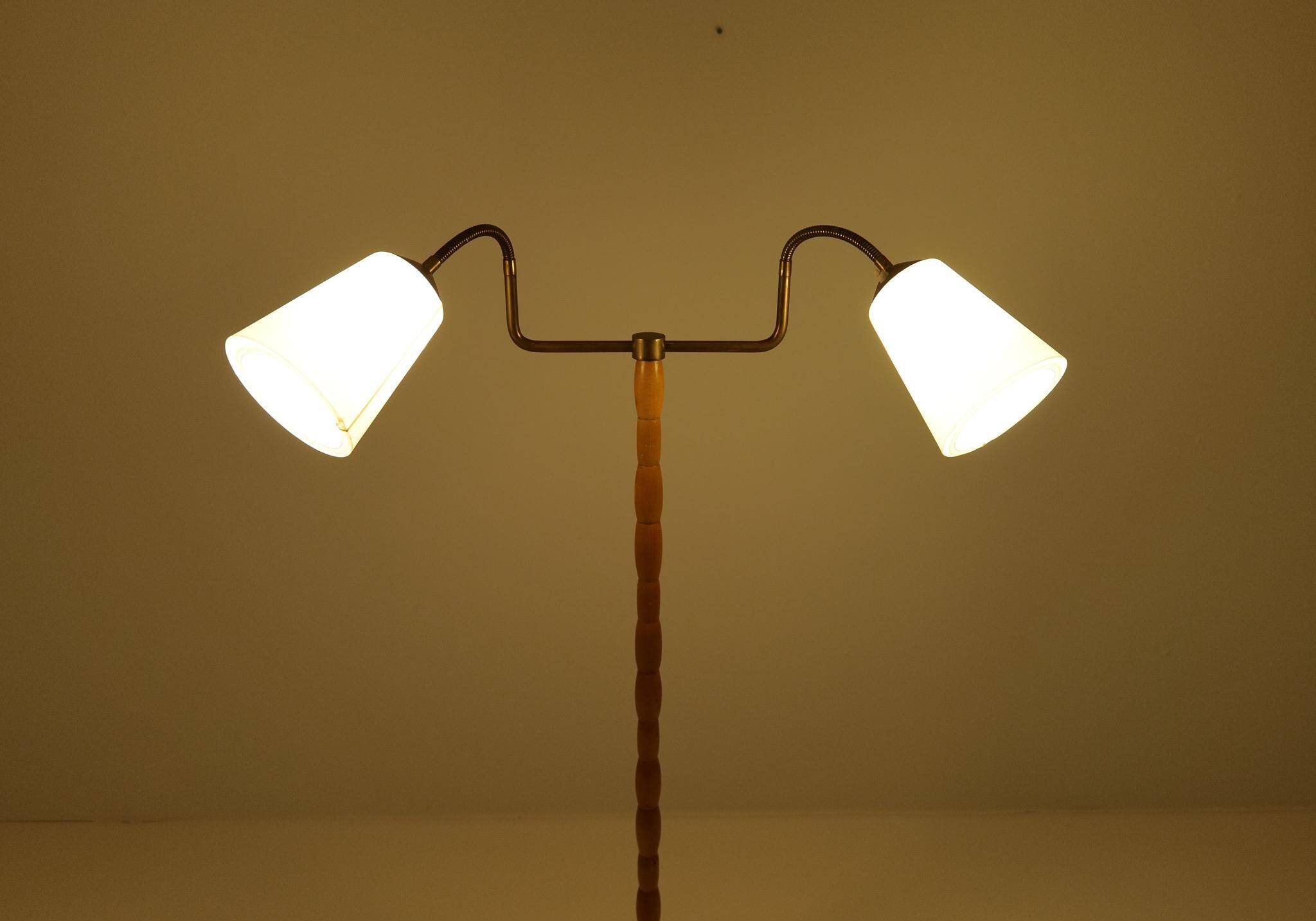 Mid-century organic floor lamp in birch and brass, Sweden, 1950s