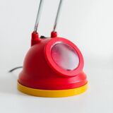 Blue-painted metal shade, chrome articulated arm desk lamp in Memphis-style 80s Pop Art with red base and yellow accents