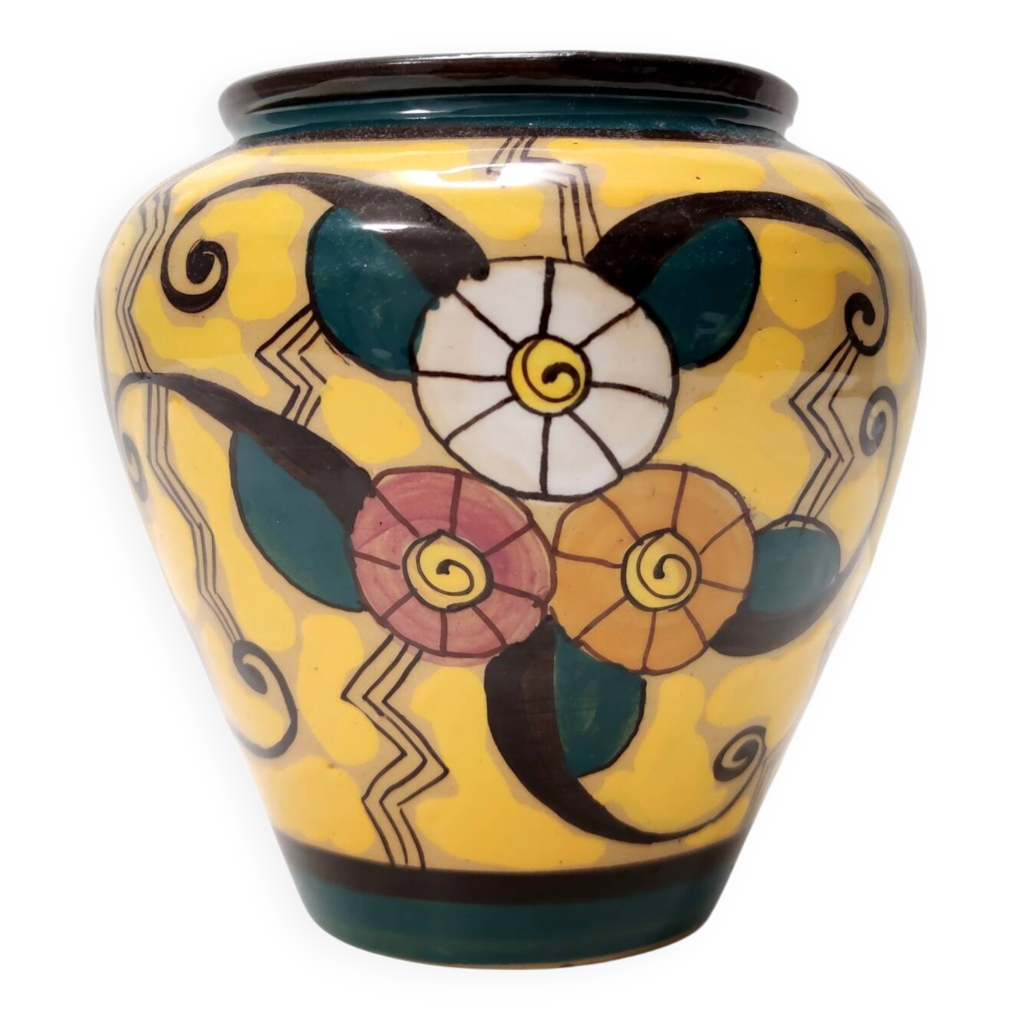 Futurist Yellow Glazed Earthenware Vase with Floral Motifs, Italy