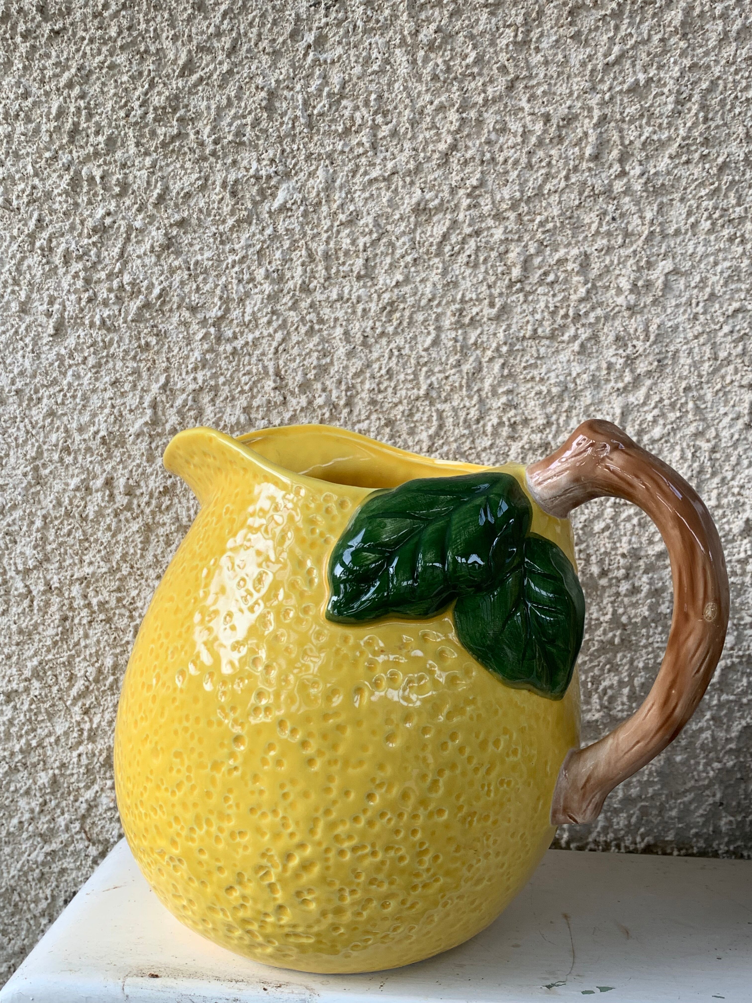 Lemon pitcher in ceramic slurry glazed yellow and green vintage