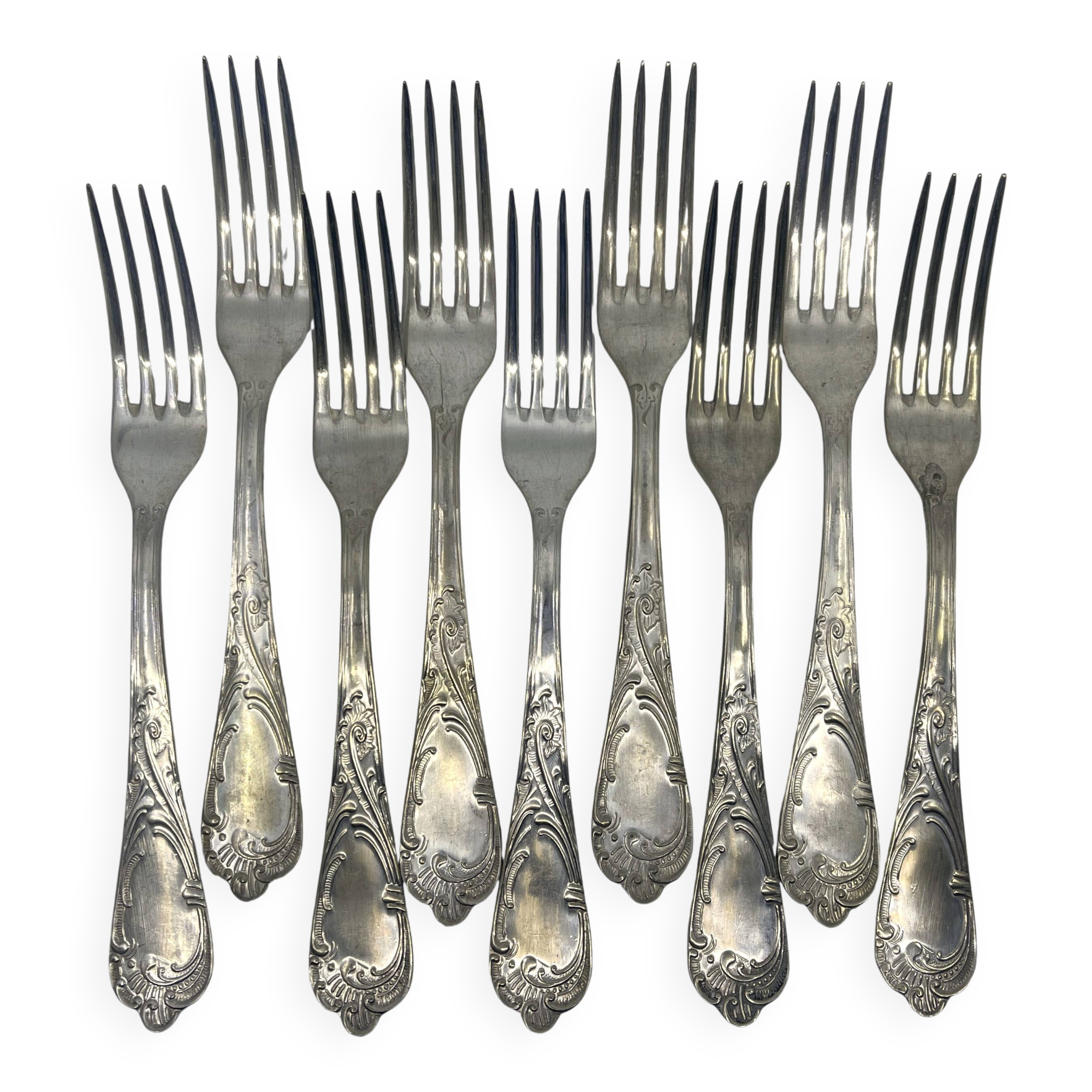 Lot of 10 soup spoons and 10 lunch forks, 800 silver.