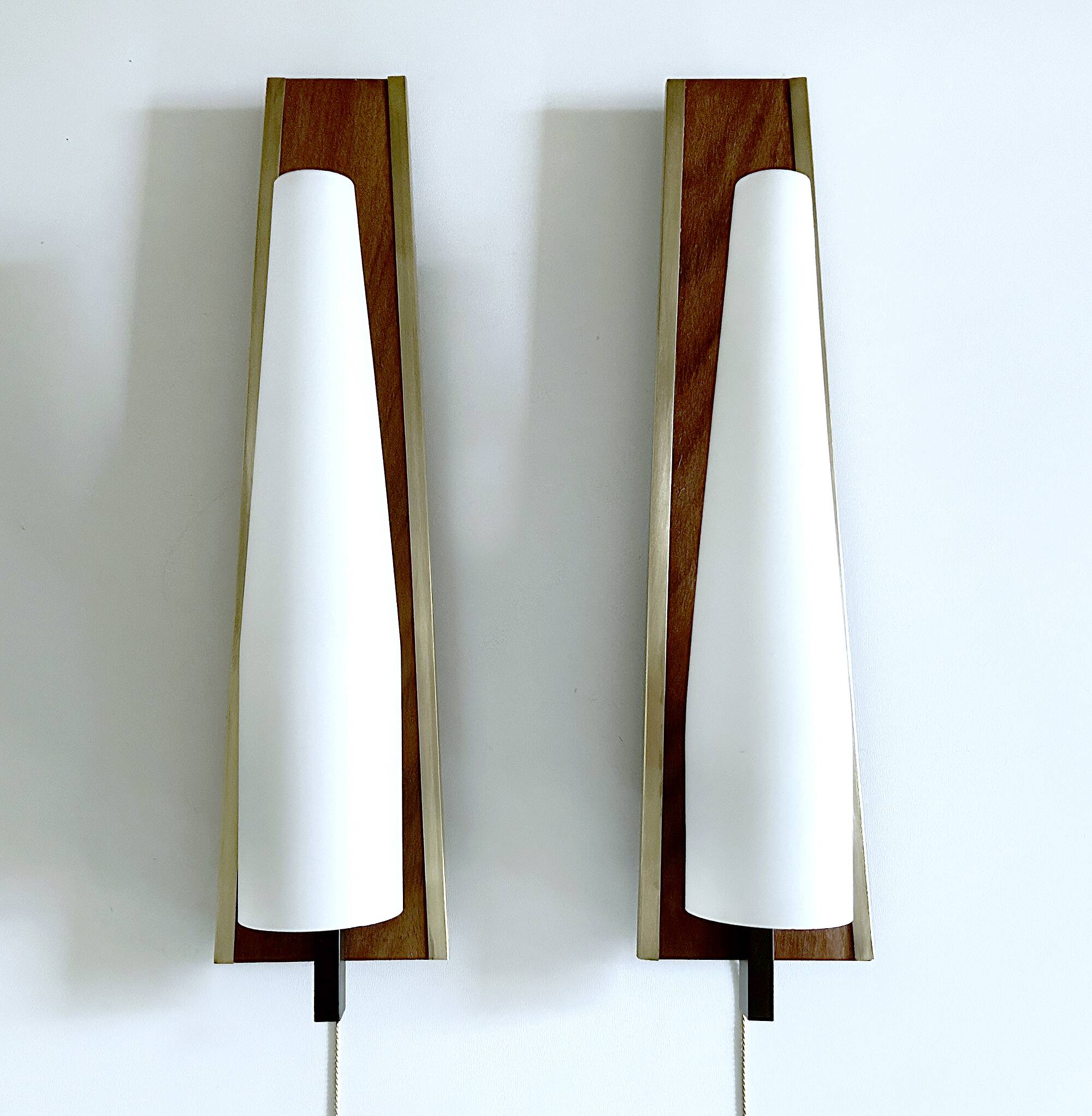 Pair of Large Scandinavian Teak Glass Wall Lights