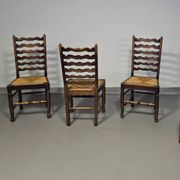 Set of 4 oak, rustic, farmhouse, ladderback dining chairs with rush seats 1960s