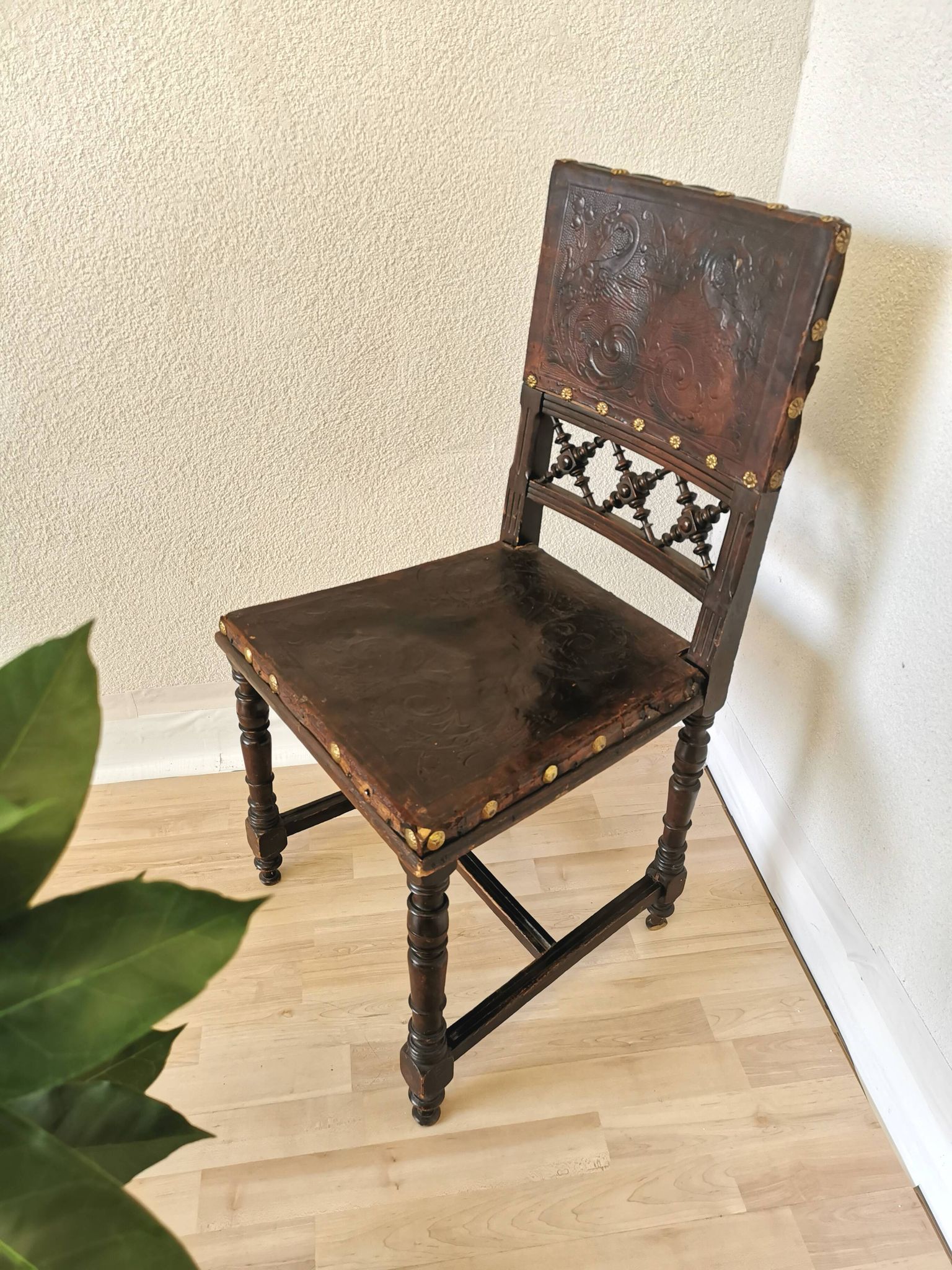 Antique 1930s Leather Dining Chair: Carved Wood Base, Metal Accents