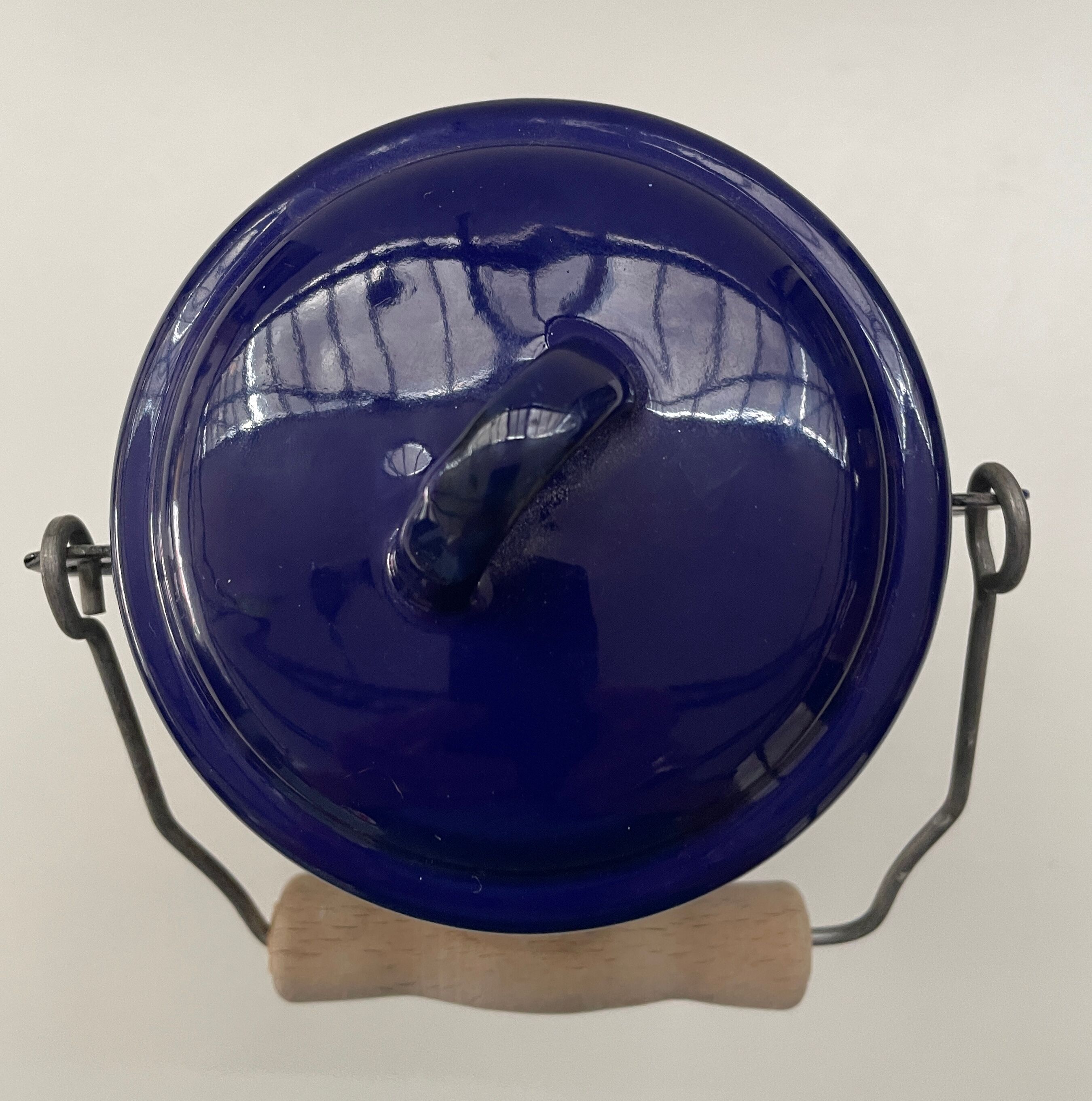 Blue enamelled milk jug