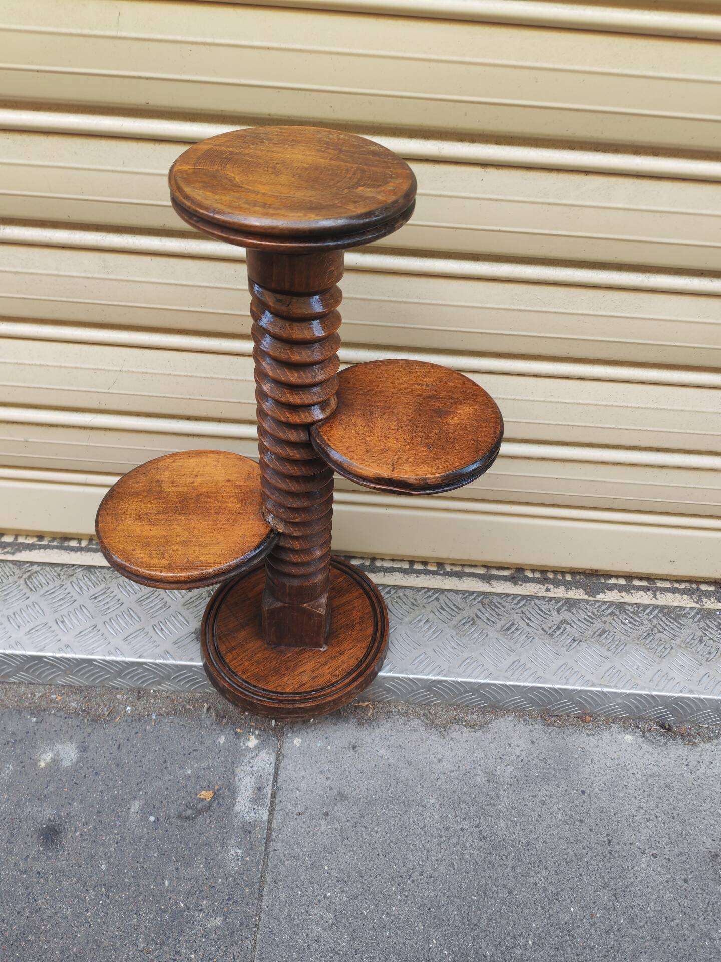 Turned wooden gueridon side table, solid turned, Charles Dudouyt style, 1960.