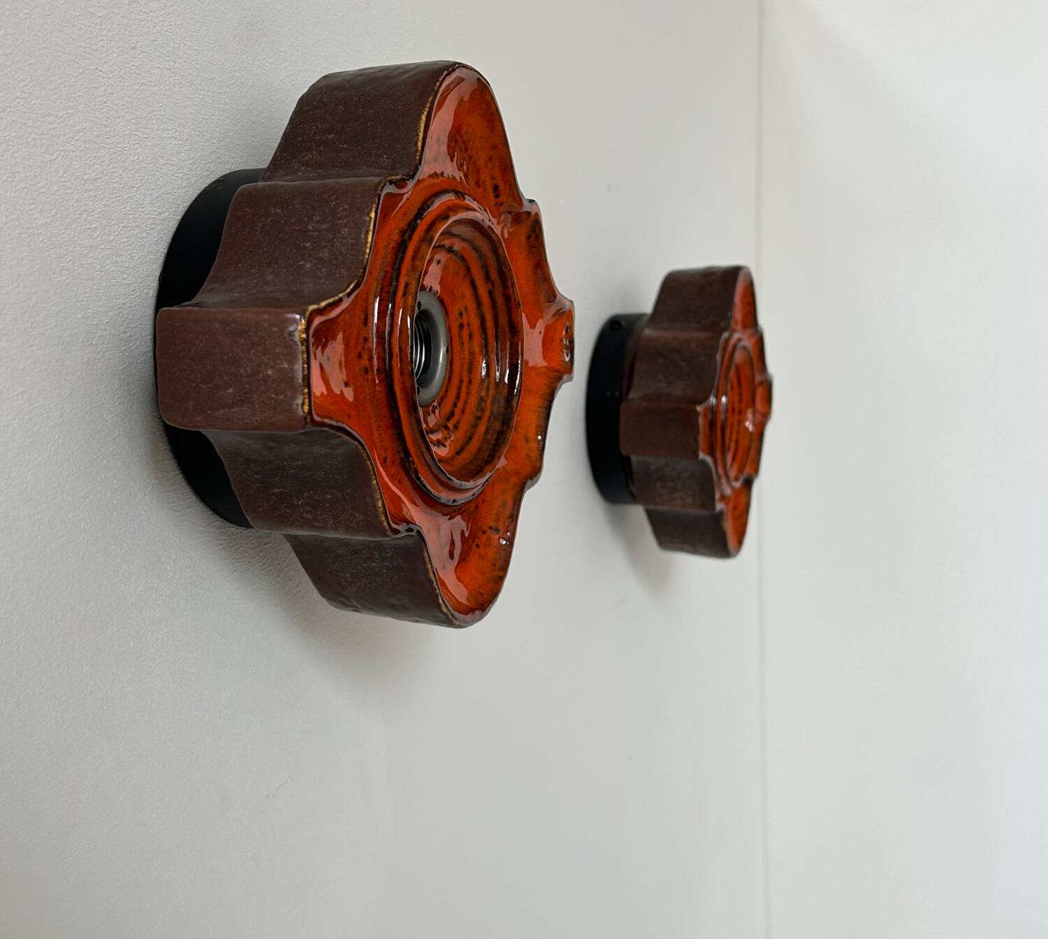 Pair of vintage wall lights, brown and orange ceramic, Sweden 1960
