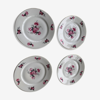 4 assiettes plates en porcelaine motif floral art deco