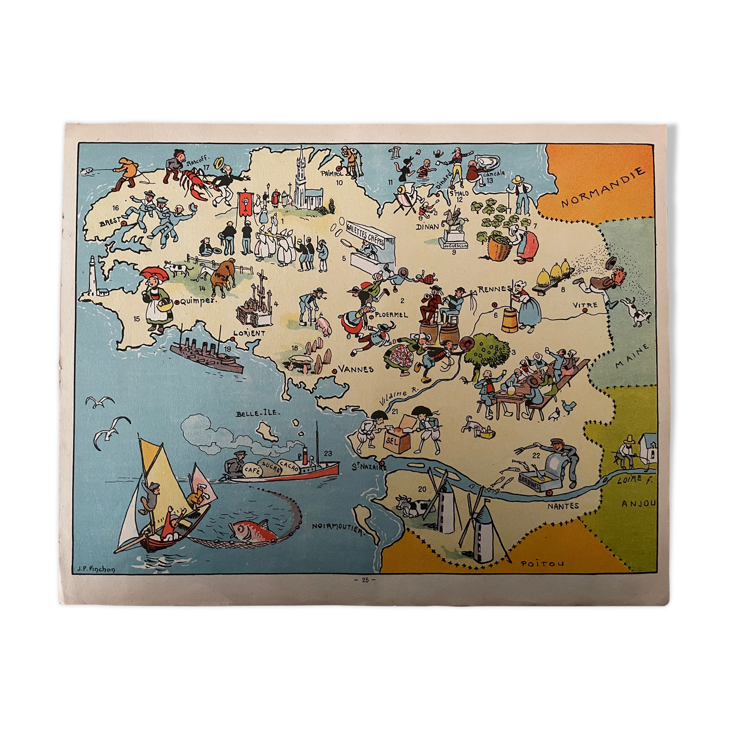 Old illustrated map of Brittany - JP Pinchon