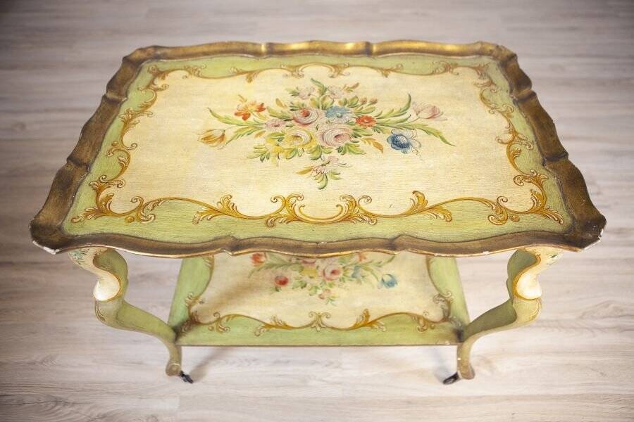 Late 19th Century Rococo Mahogany Tea Table with Floral Paintings, 1890s
