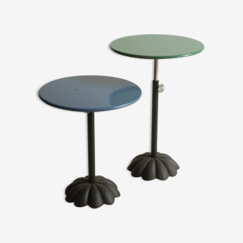 Postmodern cast iron flower base adjustable round side tables, blue and green, 1980s.