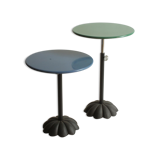 Postmodern cast iron flower base adjustable round side tables, blue and green, 1980s.