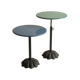 Postmodern cast iron flower base adjustable round side tables, blue and green, 1980s.