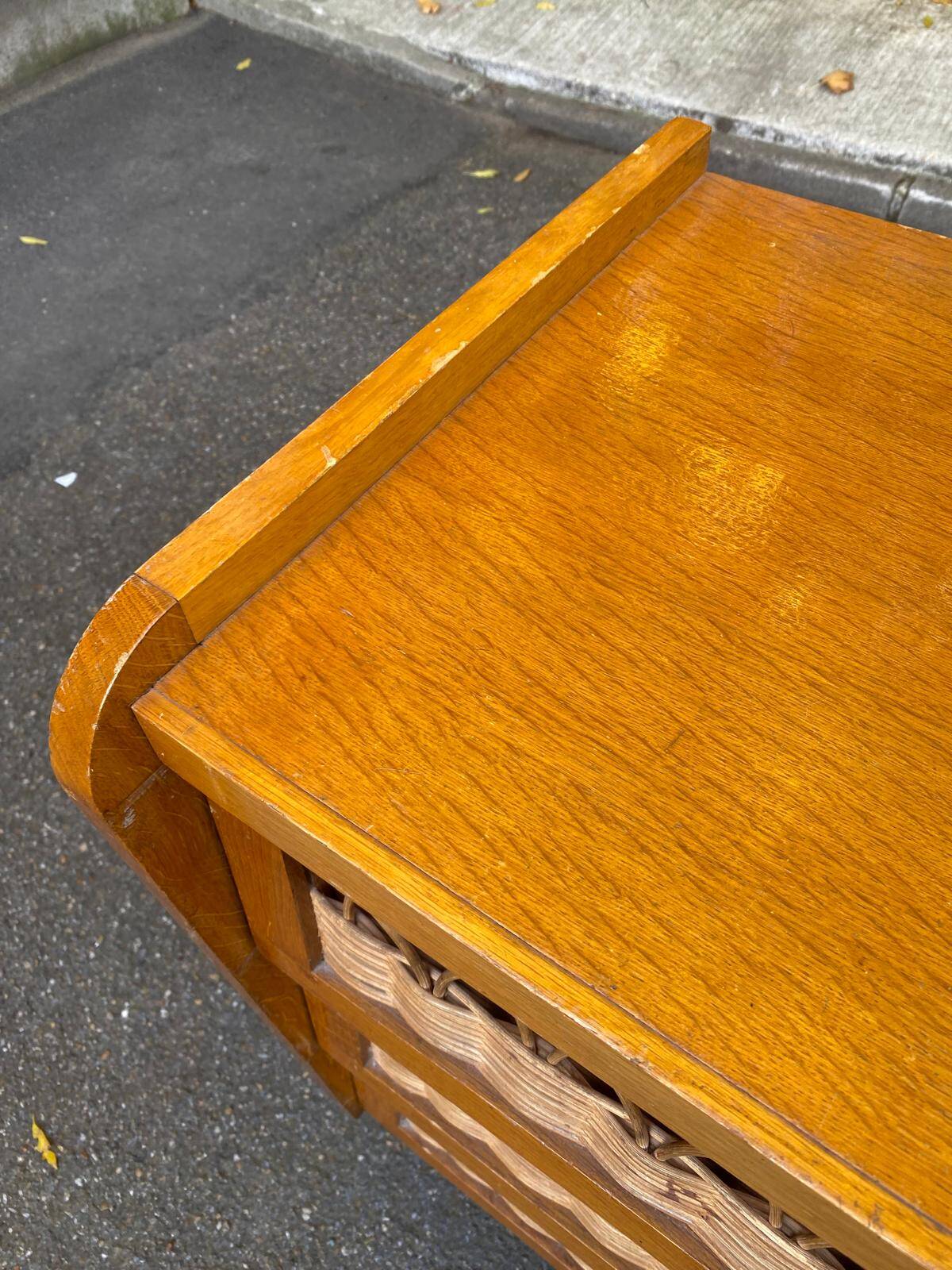 Commode scandinave en chêne et rotin des années 60