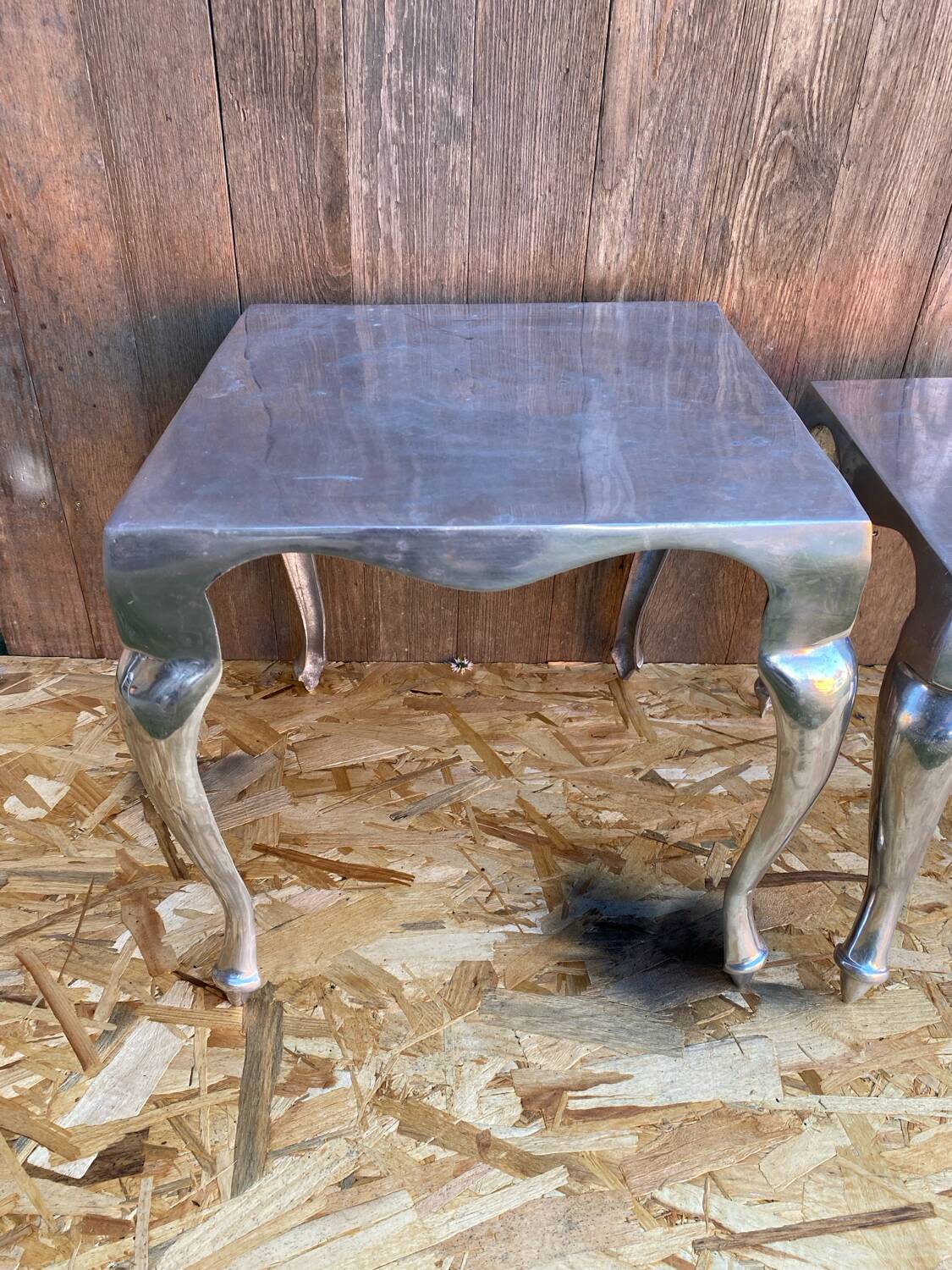 Pair of Louis XV Style Nesting Coffee Tables in Vintage Polished Aluminum