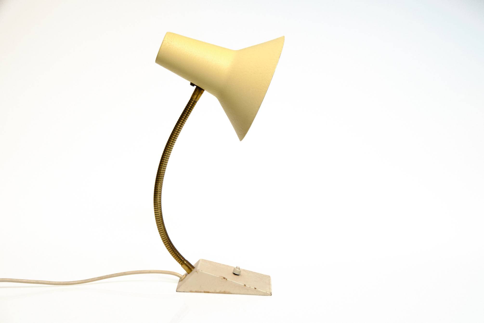 Swan neck lamp, desk lamp, SIS, vintage, brass, beige, 60s
