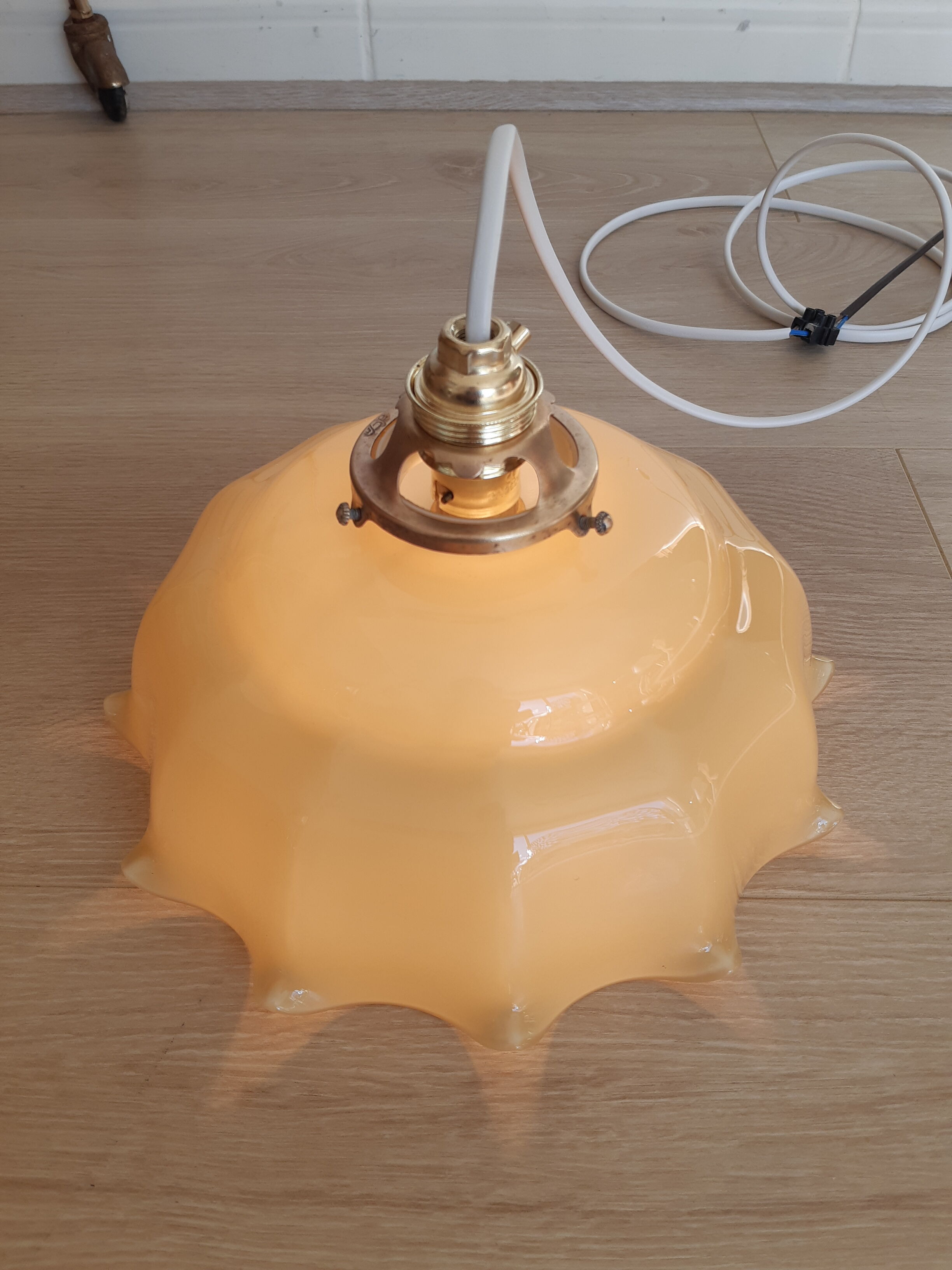 Pendant lamp chandelier, vintage yellow and white glass luminaire, petticoat shape, vintage french