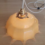 Pendant lamp chandelier, vintage yellow and white glass luminaire, petticoat shape, vintage french