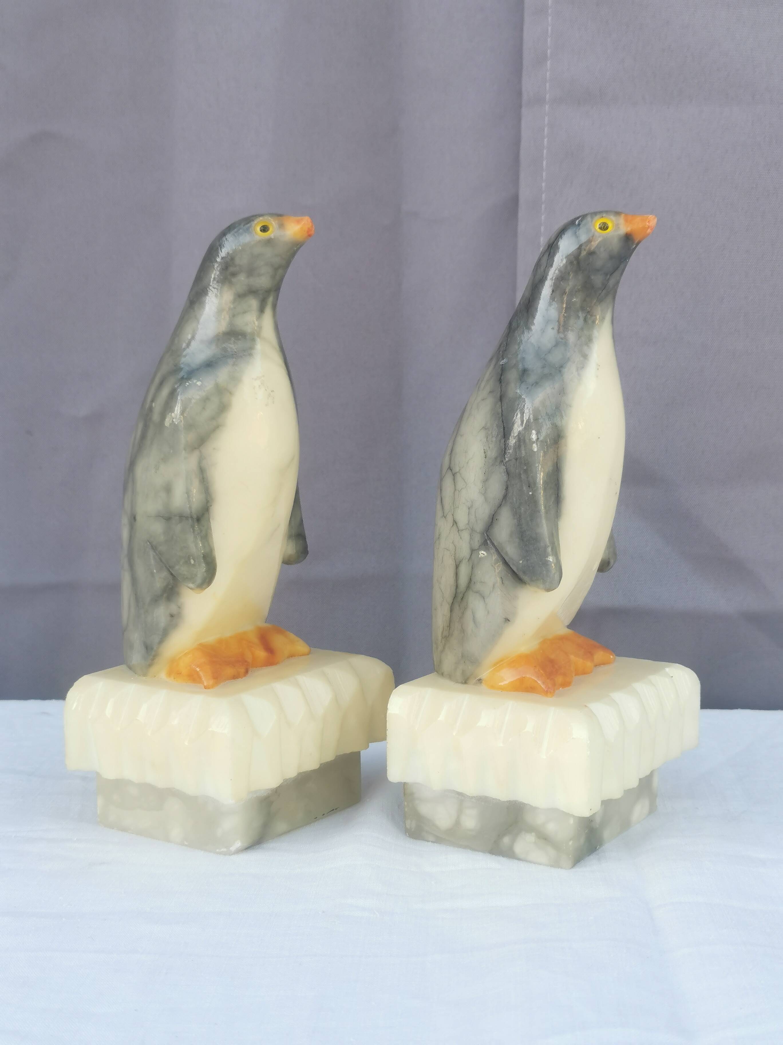 Pair of “penguins” bookends in alabaster