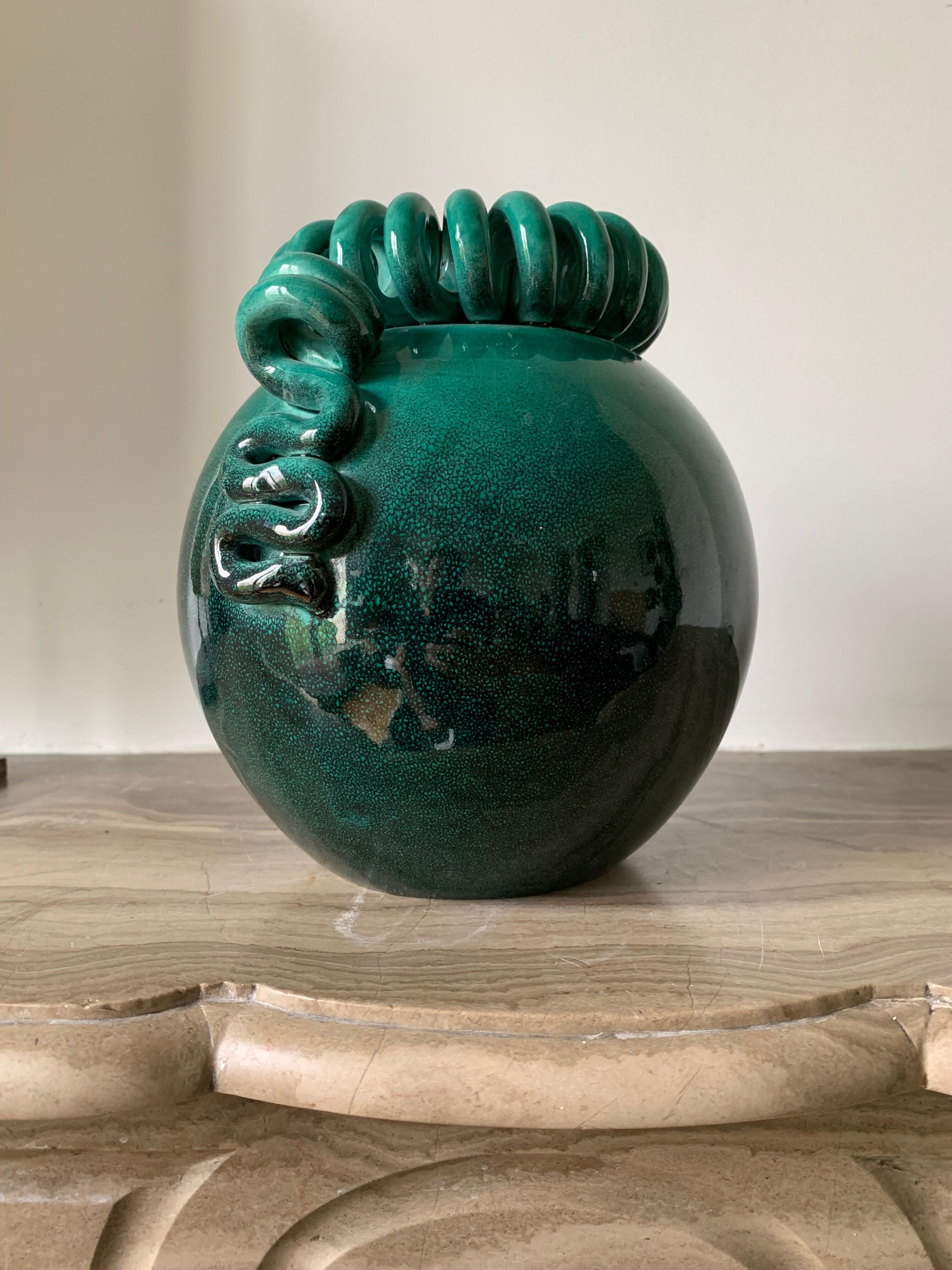 Vase ball enamelled green Gustave Asch for Primavera model ball called Sainte Radegonde