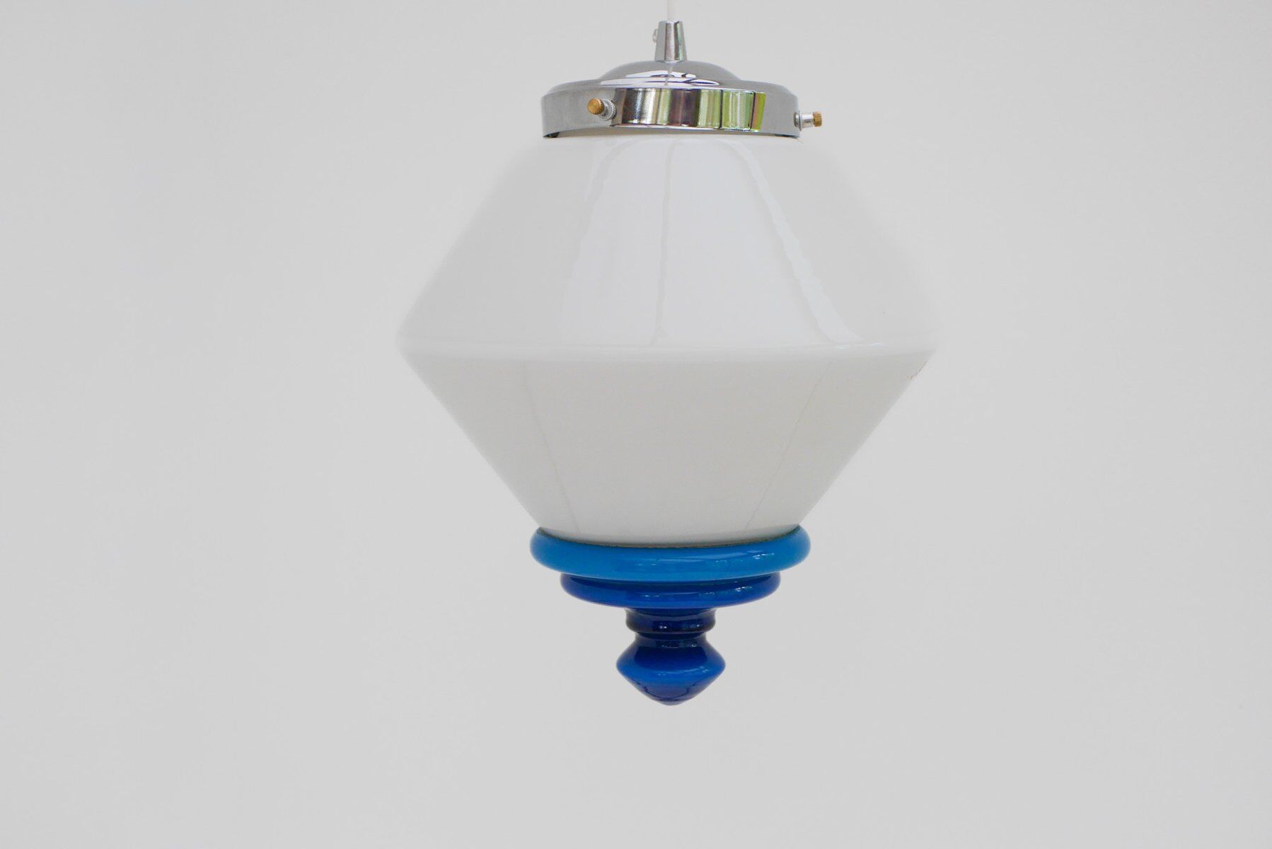 Scandinavian Art Deco milk glass pendant light with azure blue details, 1930s