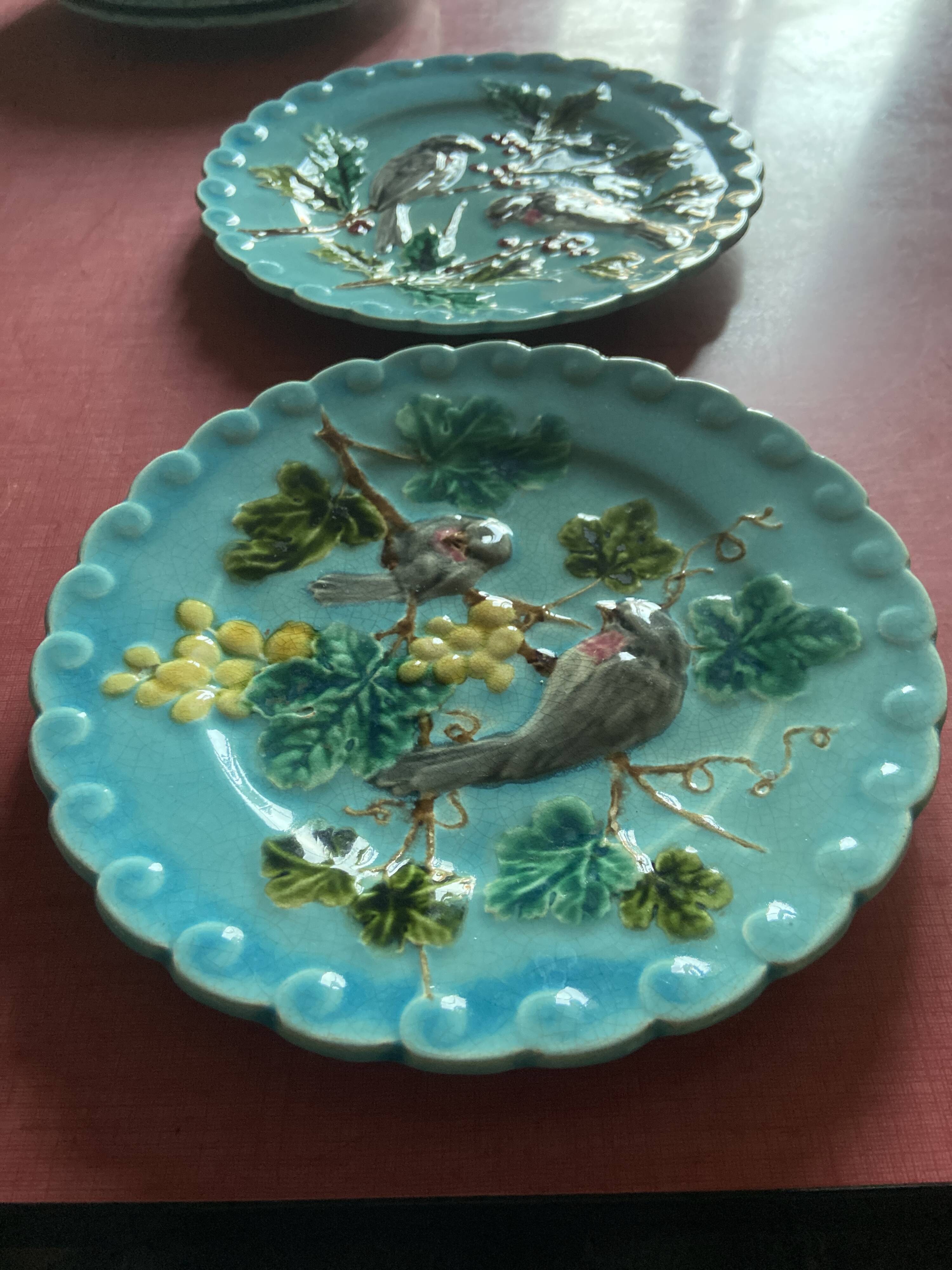 Set of 6 Barbotine Plates Sarreguemines Turquoise - Birds & Fruit