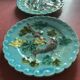 Set of 6 Barbotine Plates Sarreguemines Turquoise - Birds & Fruit