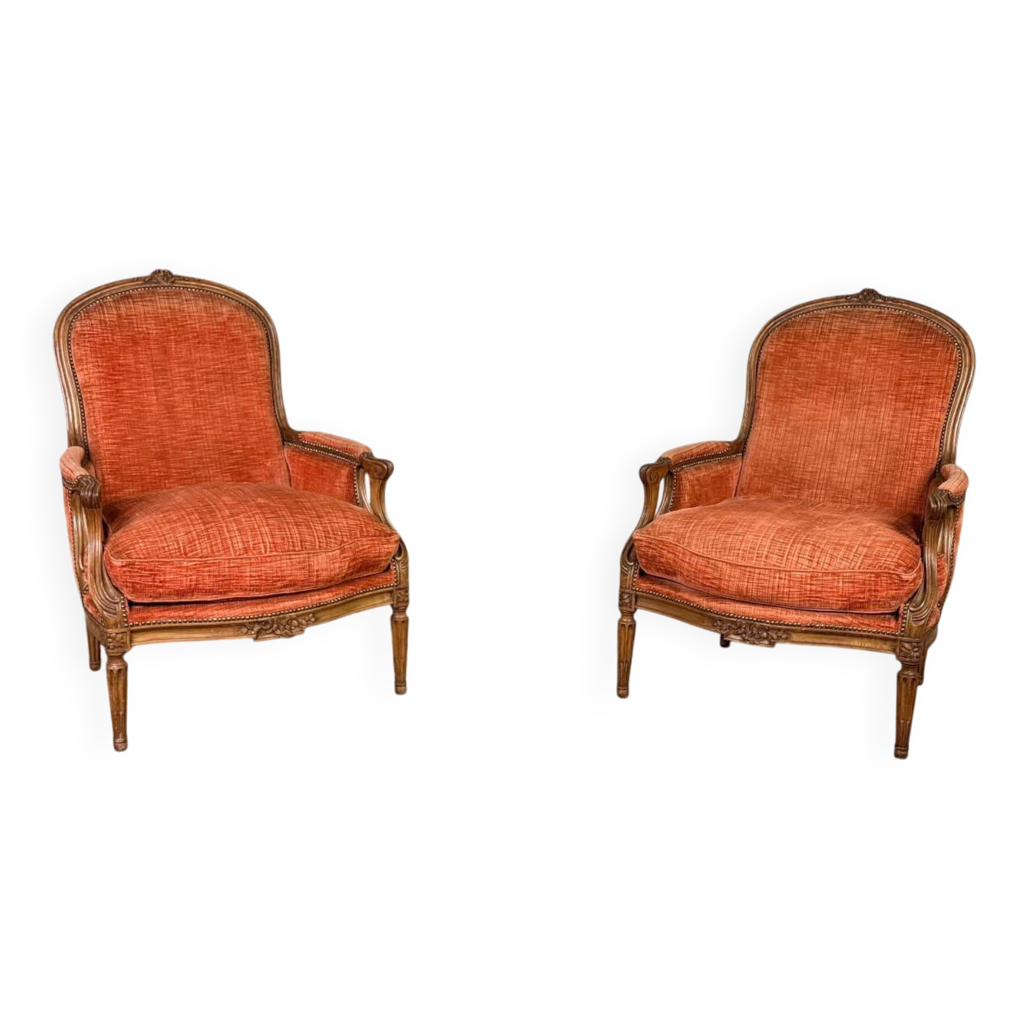 Pair of transitional carved wooden armchairs, 18th century