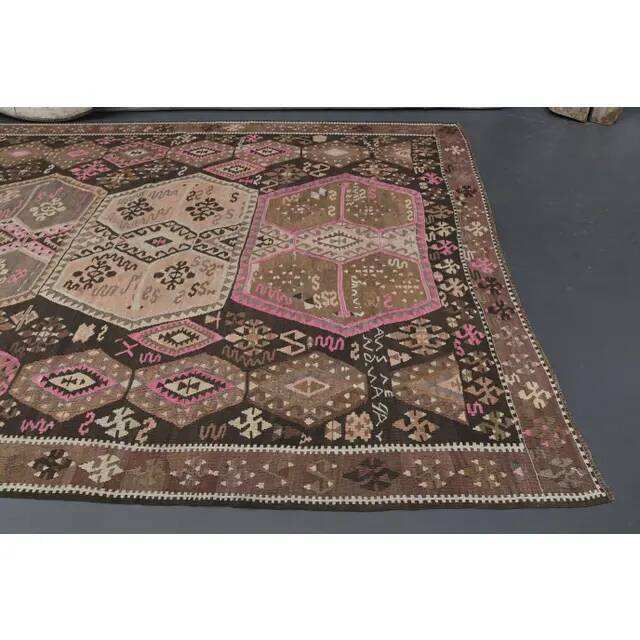 Vintage Turkish Oushak Handmade Wool Cotton Brown Runner Rug 188x416