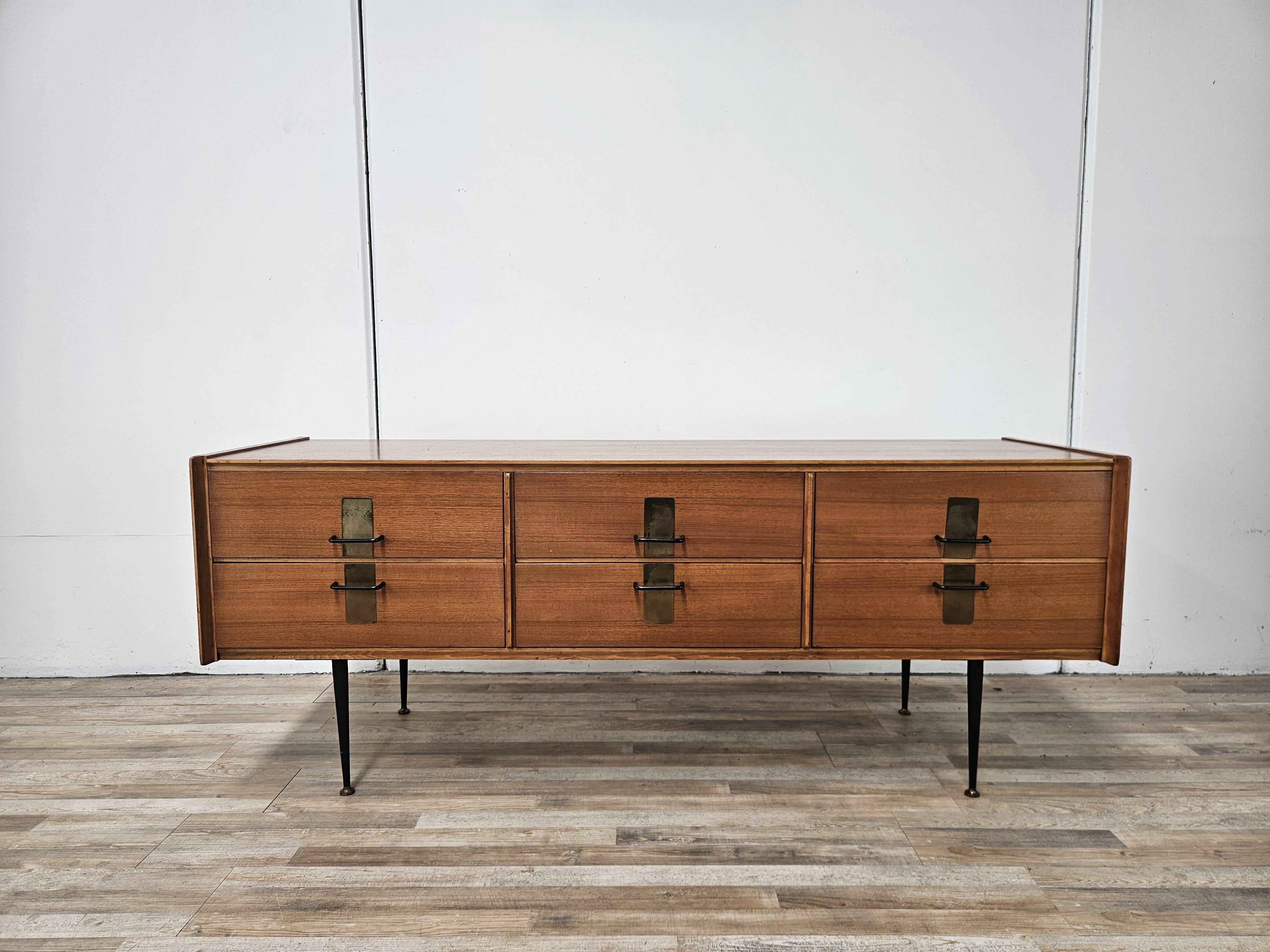1960s walnut chest of drawers with iron and brass details