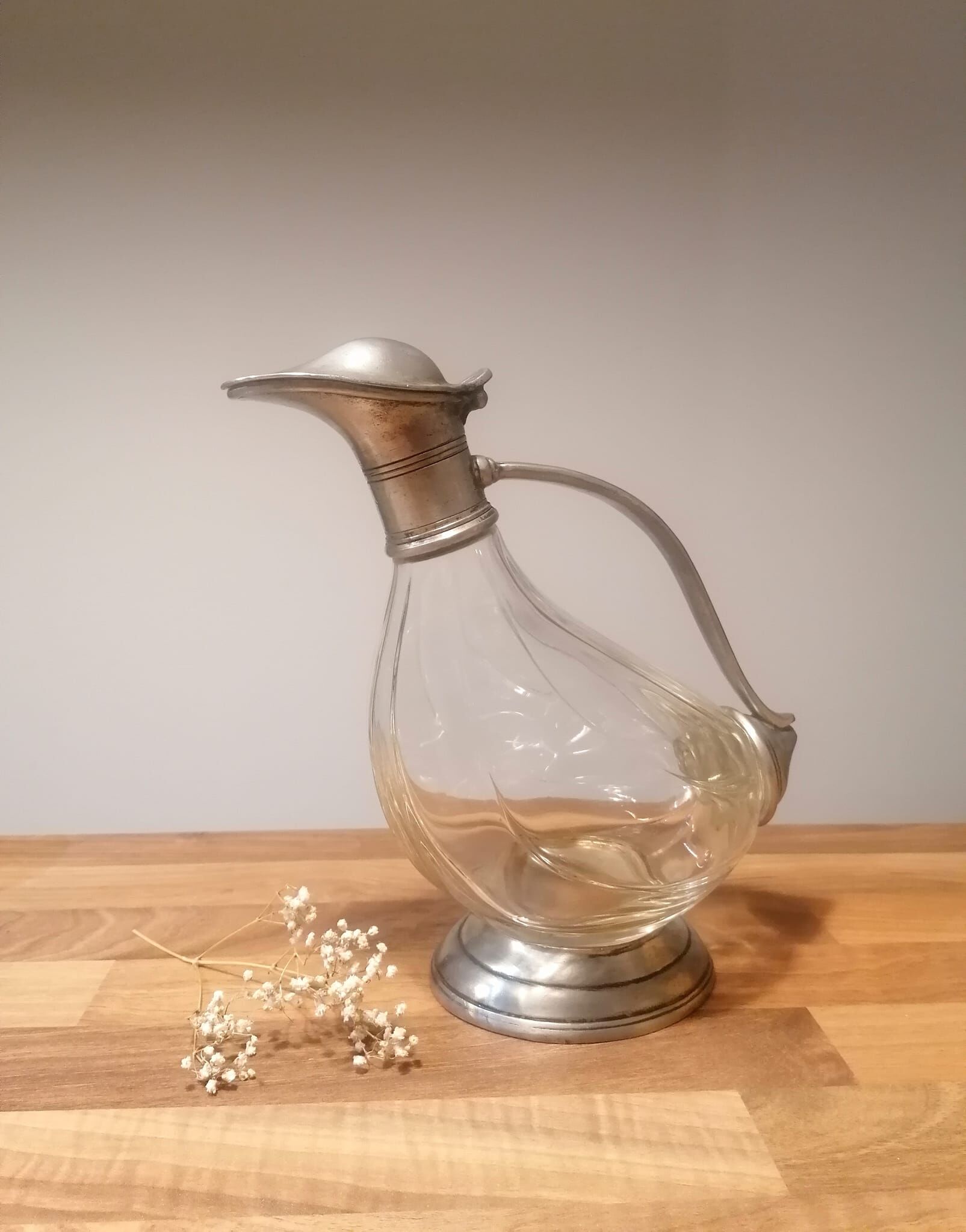 Duck carafe in glass and pewter