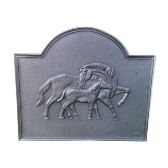 Plaque cheminée fonte cheval et poulain fonderie d'art Stern 69,5 X 78,5cm