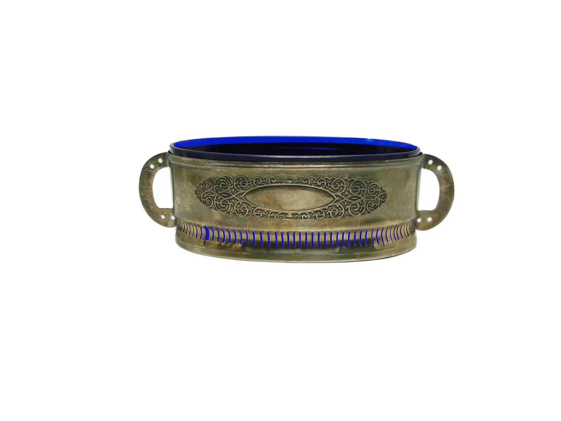 Art Nouveau jardiniere, silver-plated brass, cobalt glass, United Kingdom, 1960s.