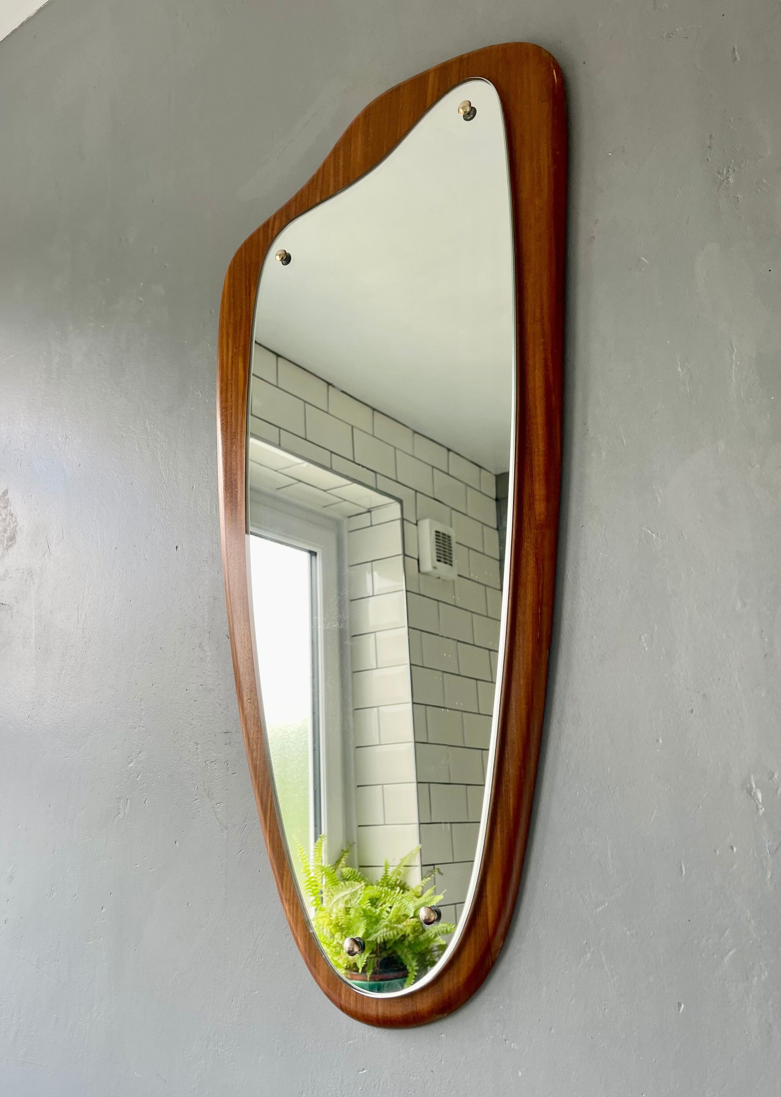 Vintage triangular wall mirror teak frame - 80x37cm