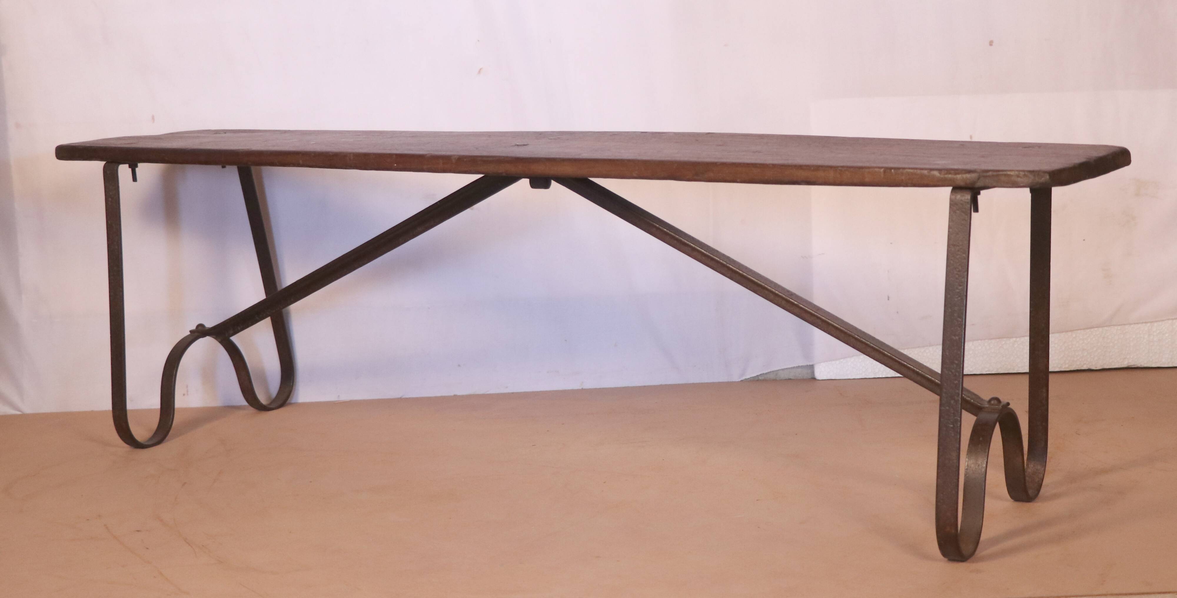 Old burmese teak bench and wrought iron base