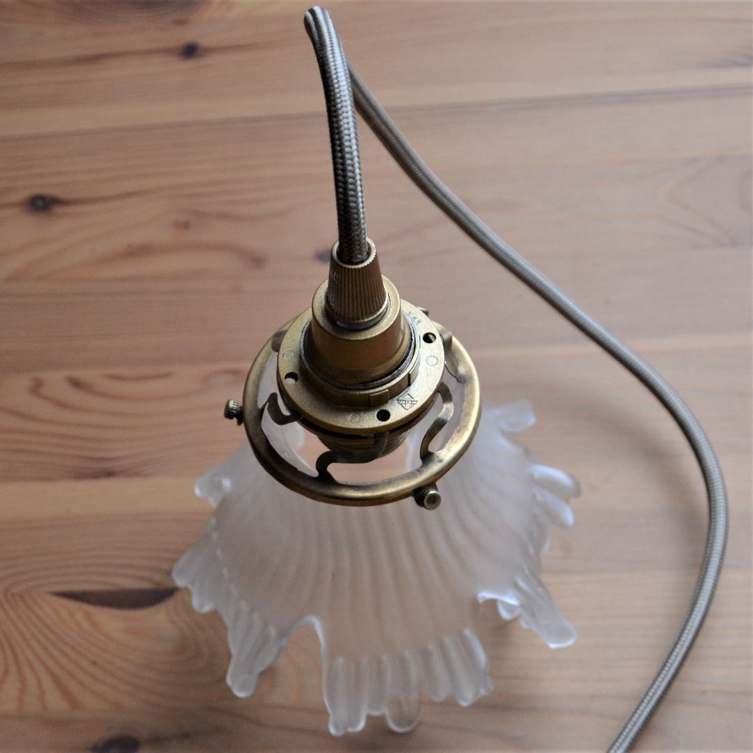 Frosted glass deco stroller, floral art deco walking lamp - beige cord