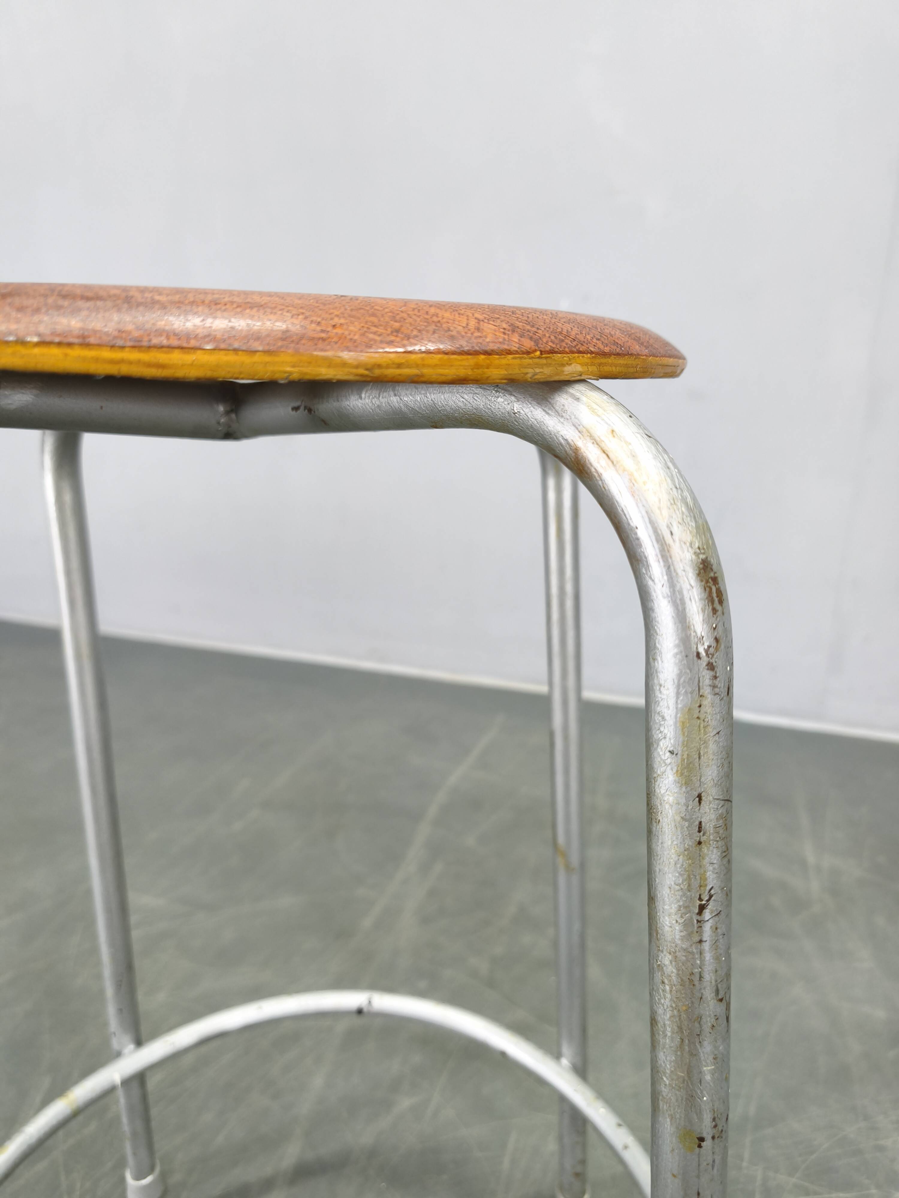 1950s German Industrial Stool with Plywood Seat