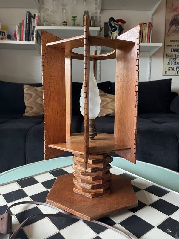Lampe moderniste en bois - création d'ébénisterie artisanale années 70