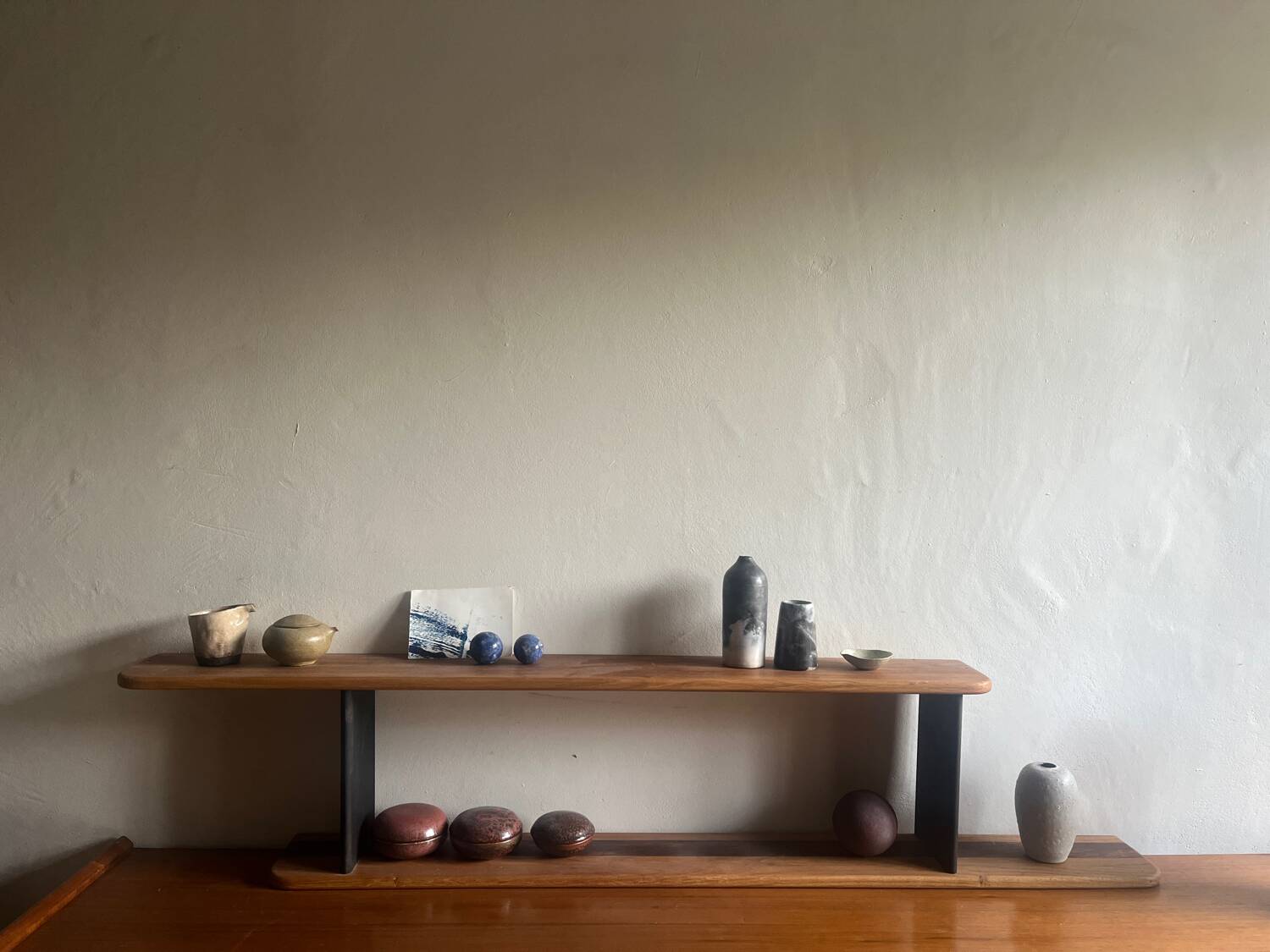 Stained wooden shelf