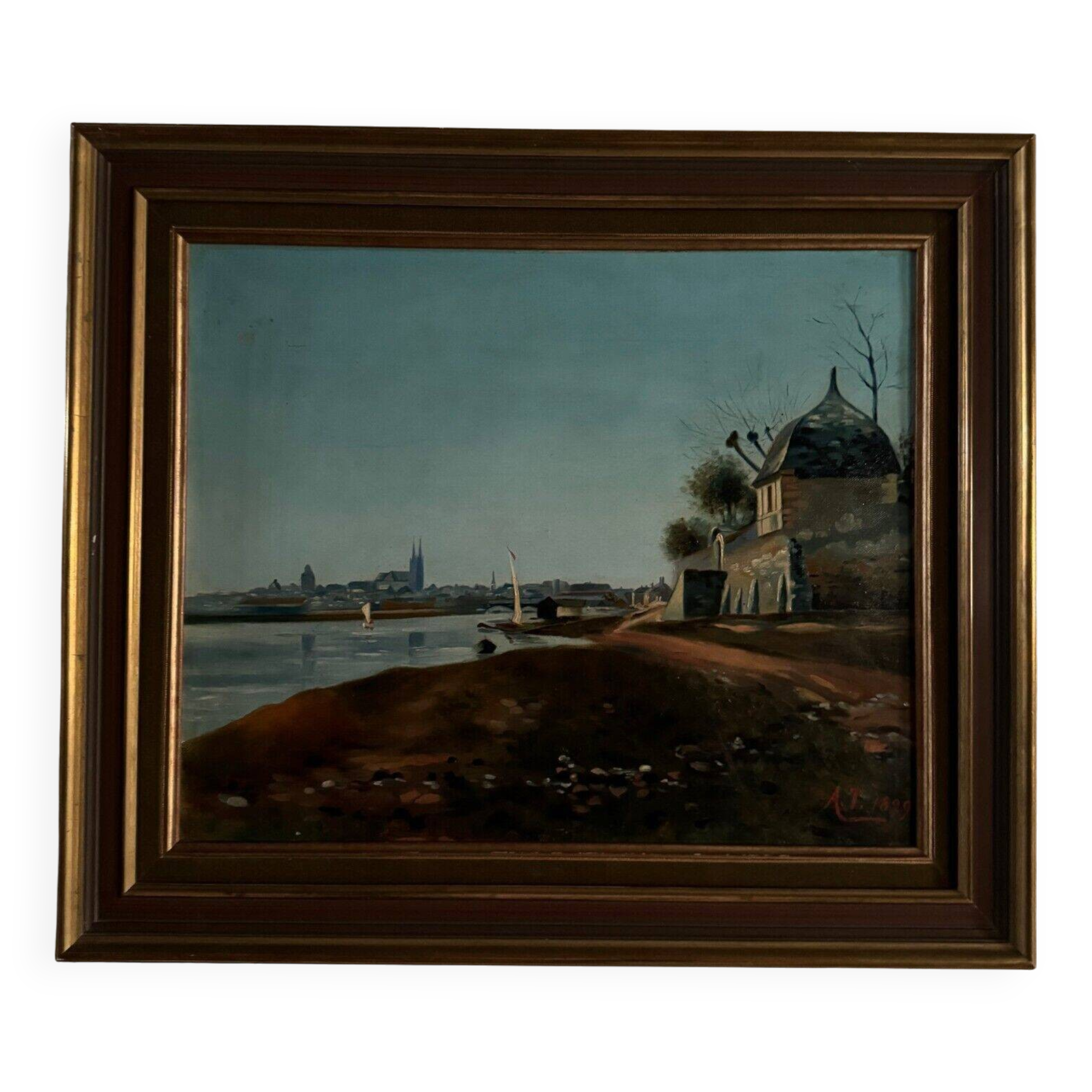 Oil on canvas riverside late 19th century monogram AT
