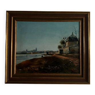 Oil on canvas riverside late 19th century monogram AT
