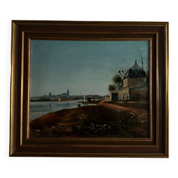 Oil on canvas riverside late 19th century monogram AT