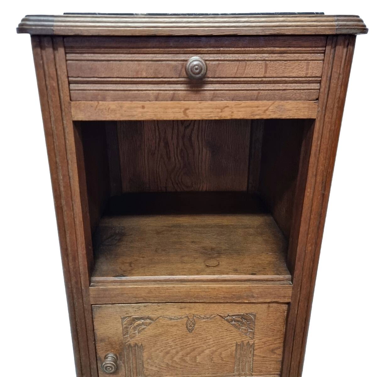 Table de chevet Art Déco en chêne avec plateau en marbre