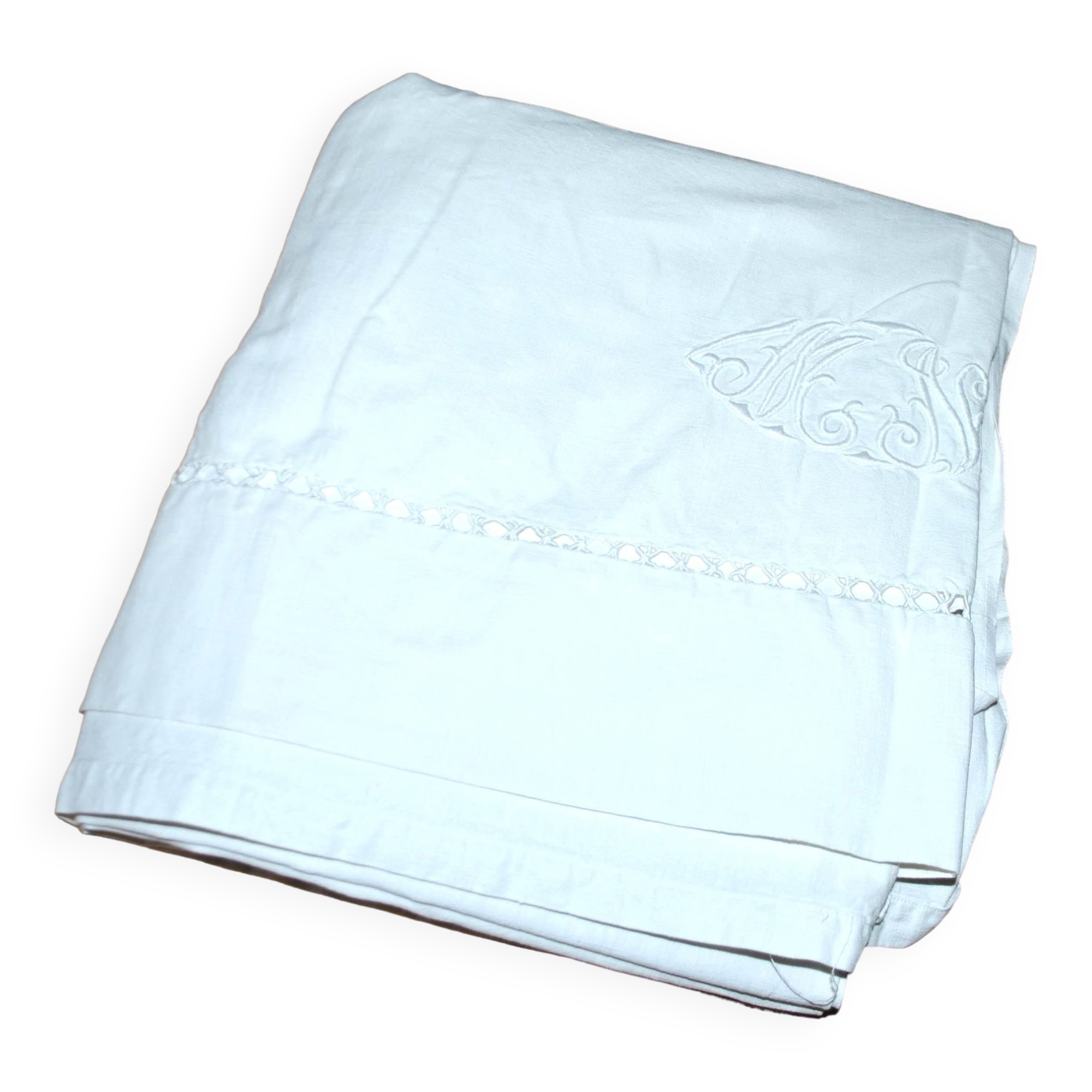 Old linen tablecloth with MN monogram and openwork 230x250cm *M7*