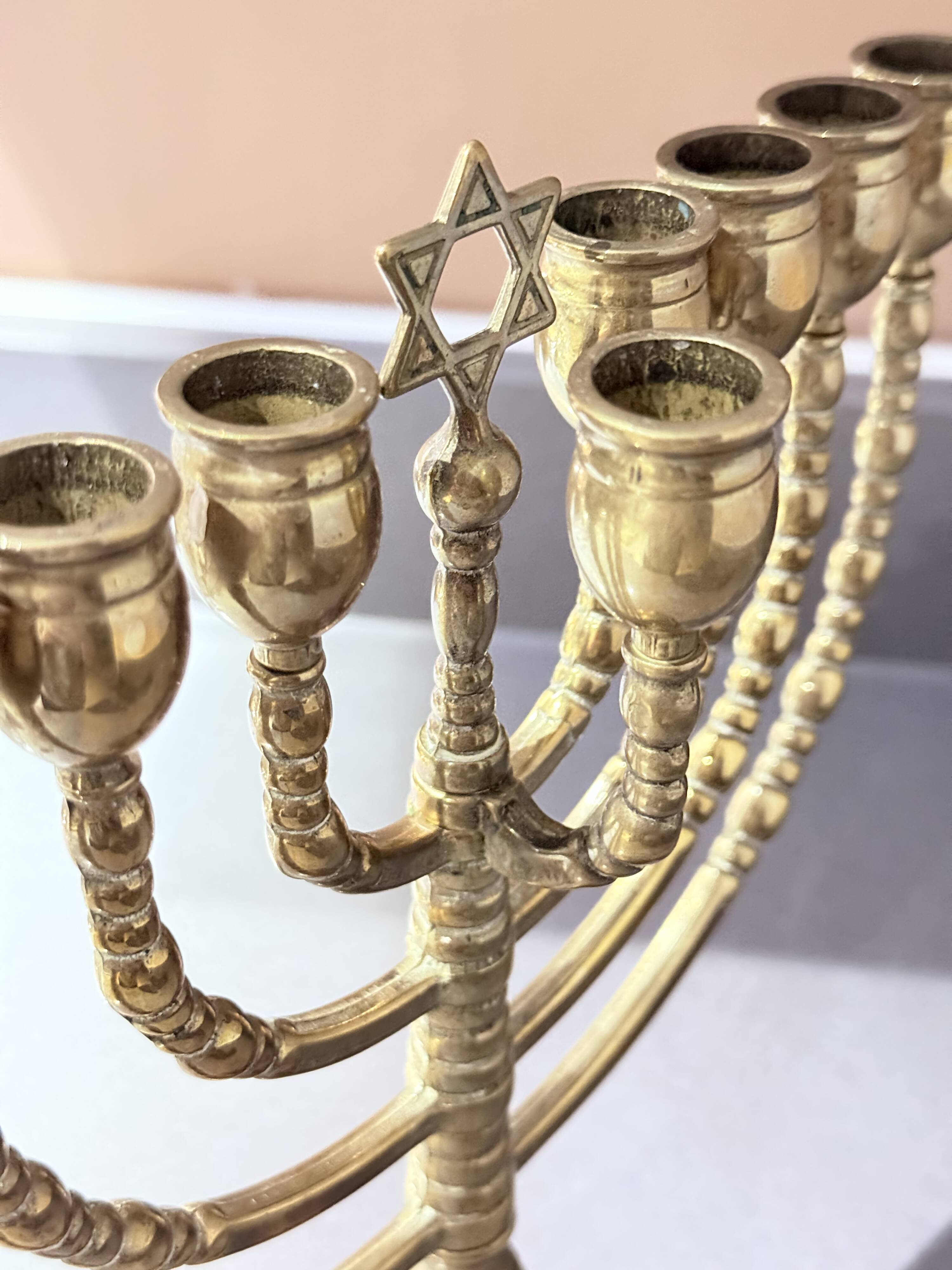 Vintage Candelabras 9 Branch Menorah Jewish Judaica Golden Candle Holders Brass