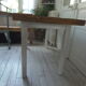 Farm table, leg and belt patinated pearl gray, waxed top medium oak.
