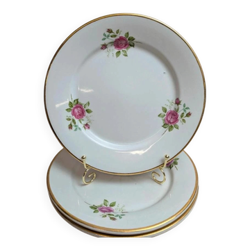 Set of 3 flat plates in fine earthenware from Gien – Rose decoration and gold rim – Vintage