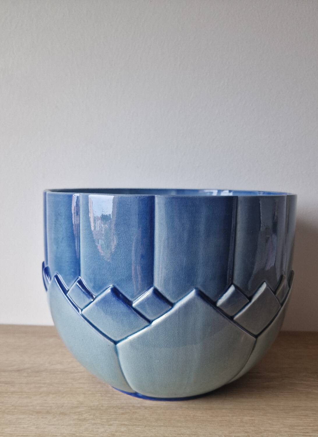 Large blue Art Deco Sarreguemines flowerpot