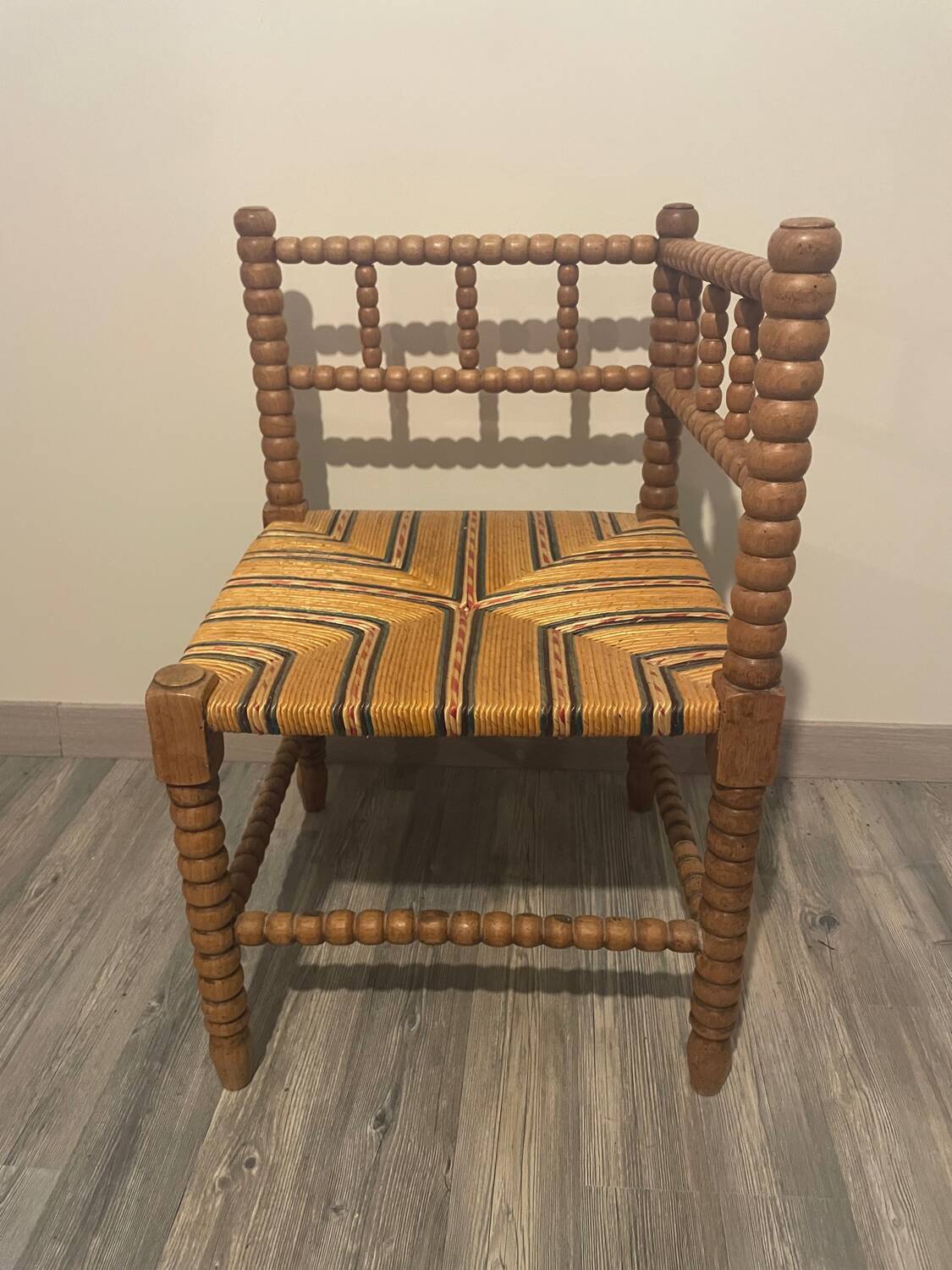 Vintage Art Deco Bobbin Wood and Straw Corner Chair, 1930s